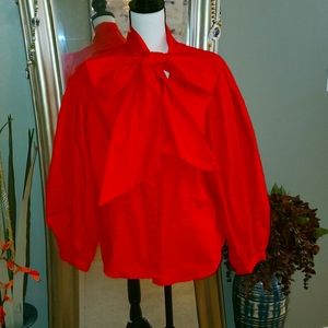 New York & Company,   woman's pleated bowed red blouse.  Size XL